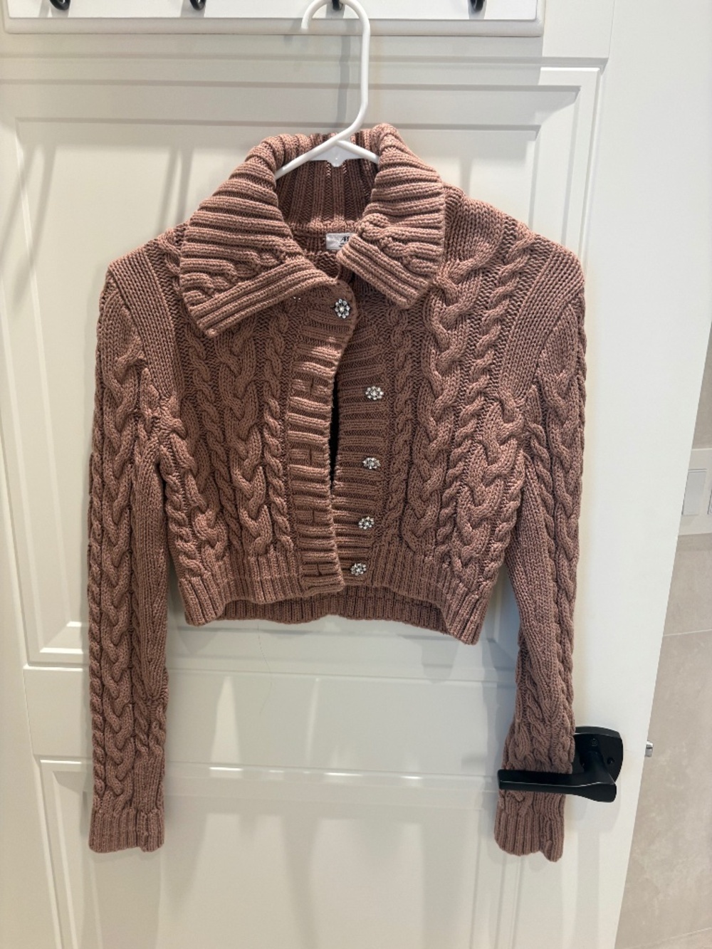Brown Cropped Cable Knit Cardigan with Jeweled Buttons